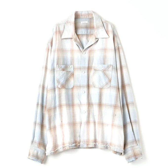 COTTON FLANNEL PLAID OPEN COLLAR SHIRT DISTRESSED